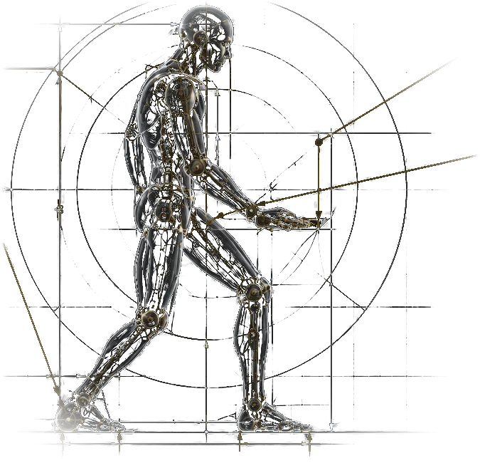 Anatomical study of a person stepping forward with hands held out, shown as a camera would record it, with joints and body outline but no forces.