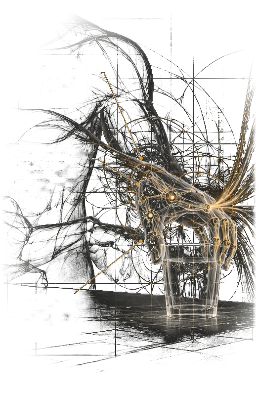 A hand closing around a glass on a table, with gold threads of data streaming from the fingertips.